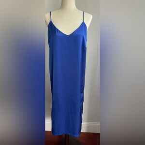 Blue Satin Fitted Midi Dress